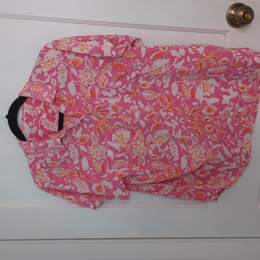 Pink Orange and White Sz L/XL Button Down 100% Rayon Shirt w Two Front Pockets